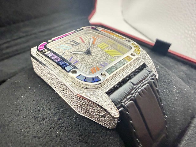 Cartier santos 100 medium | iced out naturel diamonds | 2025 - afbeelding 8 van  10