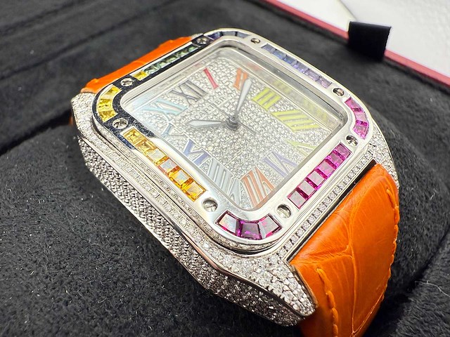 Cartier santos 100 medium | iced out naturel diamonds | 2025 - afbeelding 13 van  14