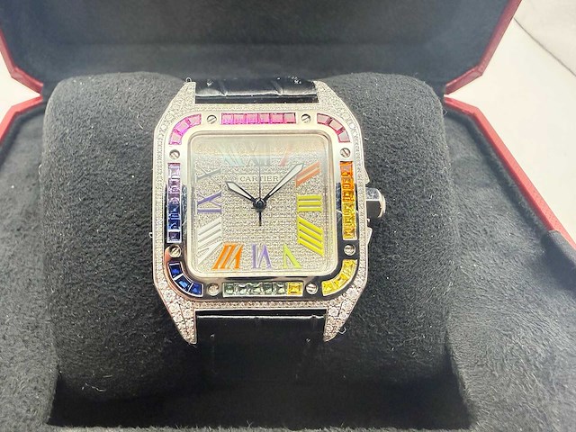 Cartier santos 100 medium | iced out naturel diamonds | 2025 - afbeelding 3 van  10