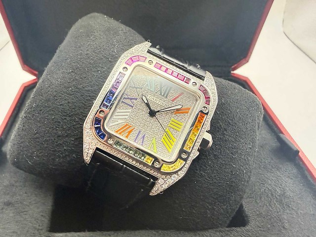 Cartier santos 100 medium | iced out naturel diamonds | 2025 - afbeelding 4 van  10