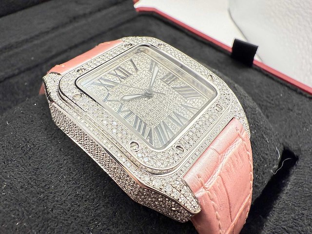 Cartier santos 100 medium | iced out naturel diamonds | 2025 - afbeelding 12 van  13