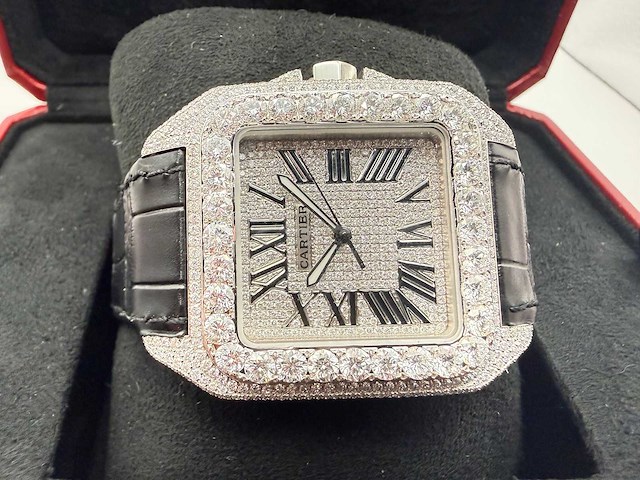 Cartier santos 100 xl | iced out diamonds | black - afbeelding 8 van  13