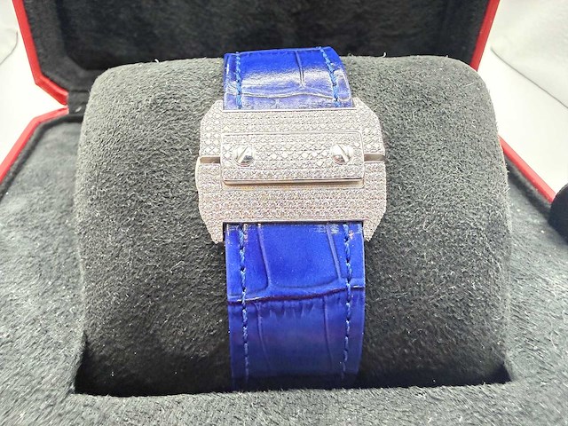 Cartier santos 100 xl | iced out diamonds | blue - afbeelding 10 van  13