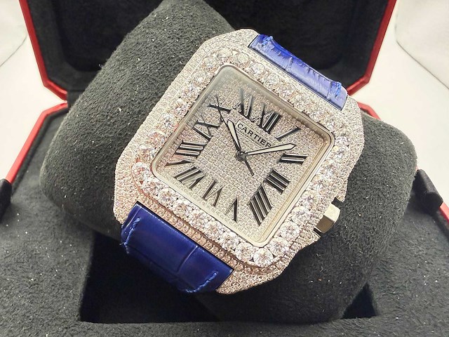Cartier santos 100 xl | iced out diamonds | blue - afbeelding 8 van  13
