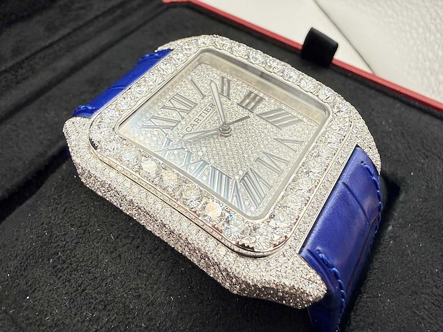 Cartier santos 100 xl | iced out diamonds | blue - afbeelding 13 van  13