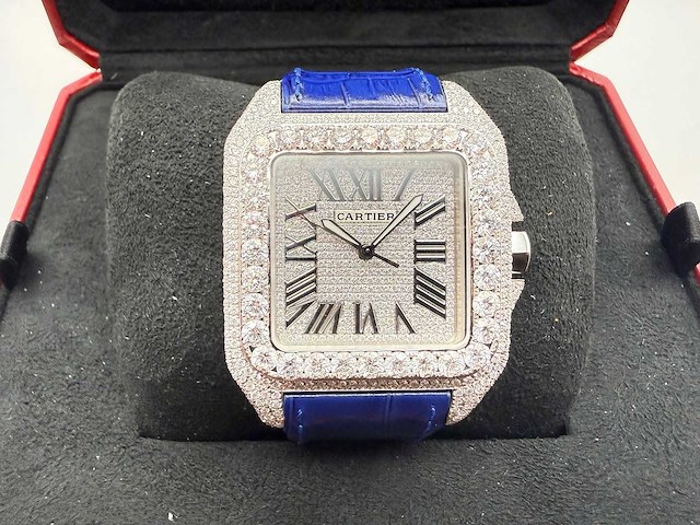 Cartier santos 100 xl | iced out diamonds | blue - afbeelding 1 van  6