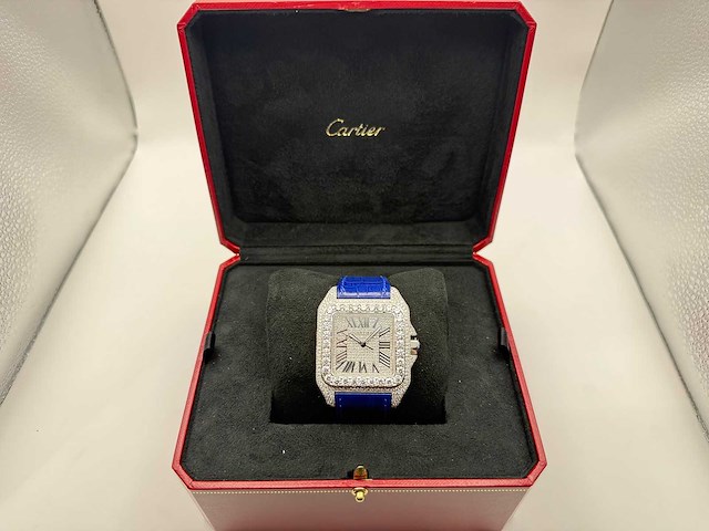 Cartier santos 100 xl | iced out diamonds | blue - afbeelding 5 van  7