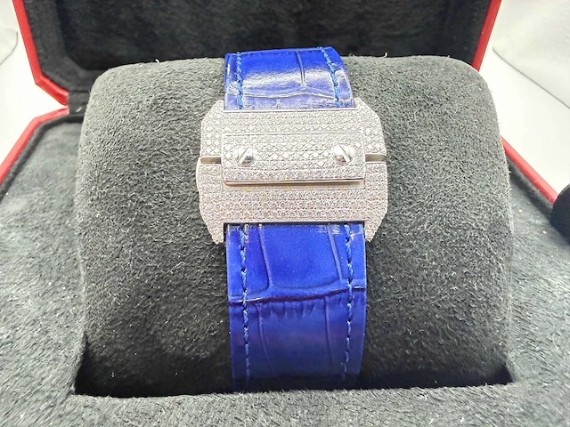 Cartier santos 100 xl | iced out diamonds | blue - afbeelding 10 van  13
