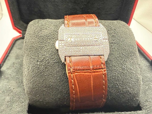 Cartier santos 100 xl | iced out diamonds | brown - afbeelding 10 van  13
