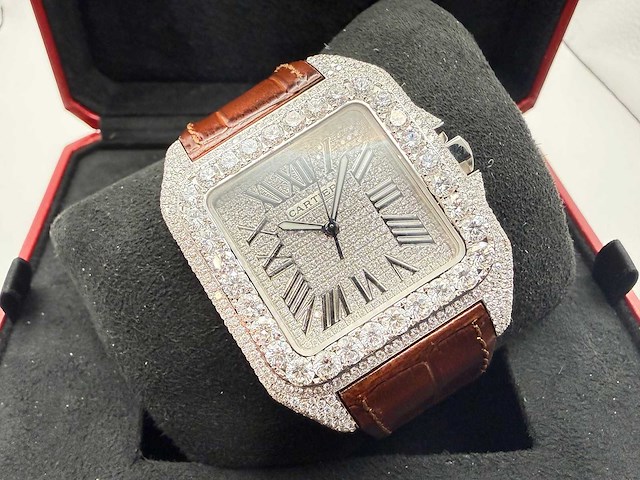 Cartier santos 100 xl | iced out diamonds | brown - afbeelding 6 van  13