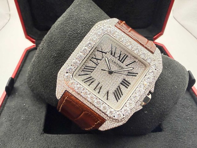 Cartier santos 100 xl | iced out diamonds | brown - afbeelding 4 van  6