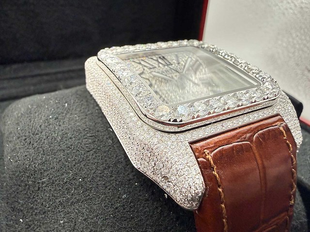 Cartier santos 100 xl | iced out diamonds | brown - afbeelding 6 van  7