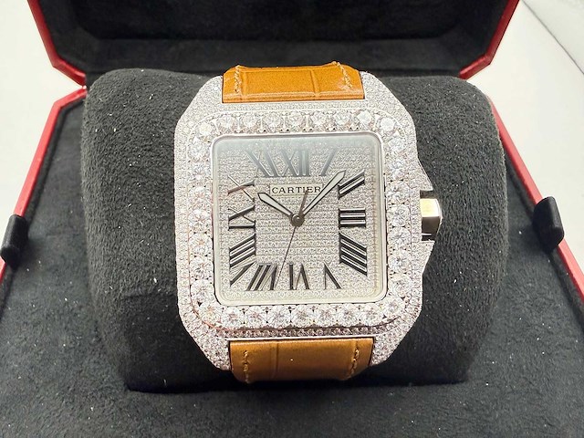 Cartier santos 100 xl | iced out diamonds | light brown - afbeelding 1 van  12