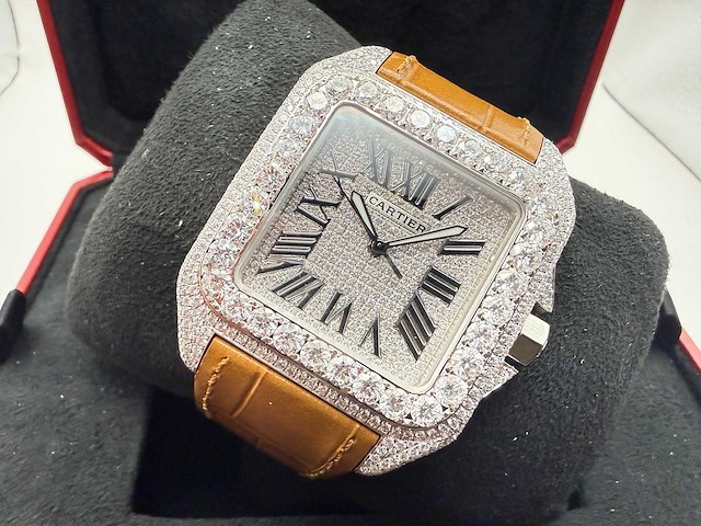 Cartier santos 100 xl | iced out diamonds | light brown - afbeelding 5 van  9
