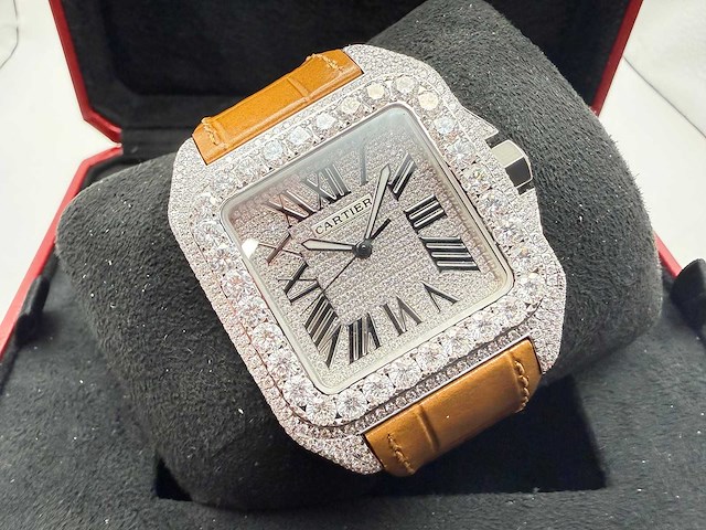 Cartier santos 100 xl | iced out diamonds | light brown - afbeelding 3 van  6