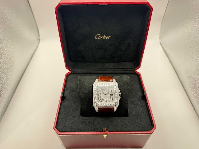 Cartier santos 100 xl | iced out with diamonds | brown - afbeelding 10 van  13