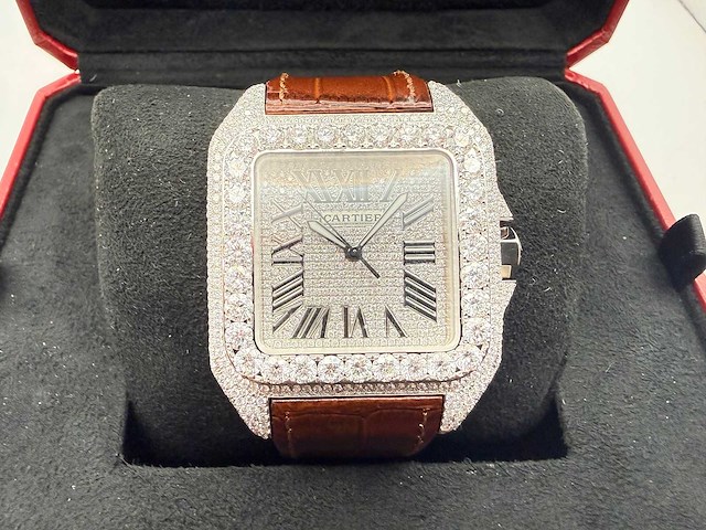 Cartier santos 100 xl | iced out with diamonds | brown - afbeelding 9 van  13