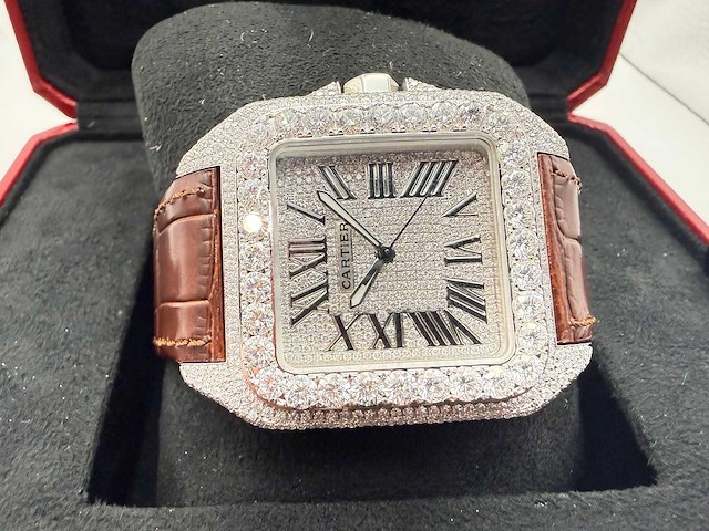 Cartier santos 100 xl | iced out with diamonds | brown - afbeelding 6 van  13