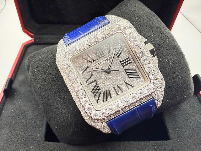 Cartier santos 100 xl | iced out with lab diamonds | blue - afbeelding 11 van  13