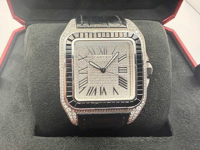 Cartier santos 100 xl | iced out with natural diamonds | unworn | black - afbeelding 3 van  10