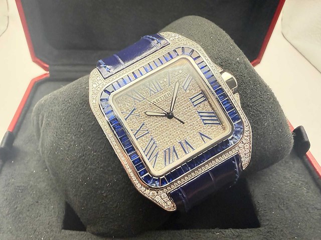 Cartier santos 100 xl | iced out with natural diamonds | unworn | blue - afbeelding 5 van  12