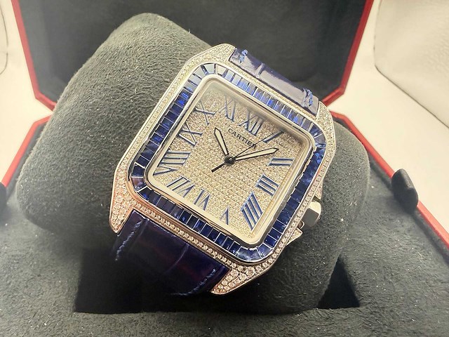 Cartier santos 100 xl | iced out with natural diamonds | unworn | blue - afbeelding 6 van  12