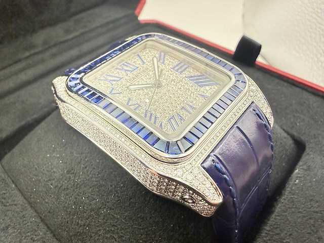 Cartier santos 100 xl | iced out with natural diamonds | unworn | blue - afbeelding 12 van  12