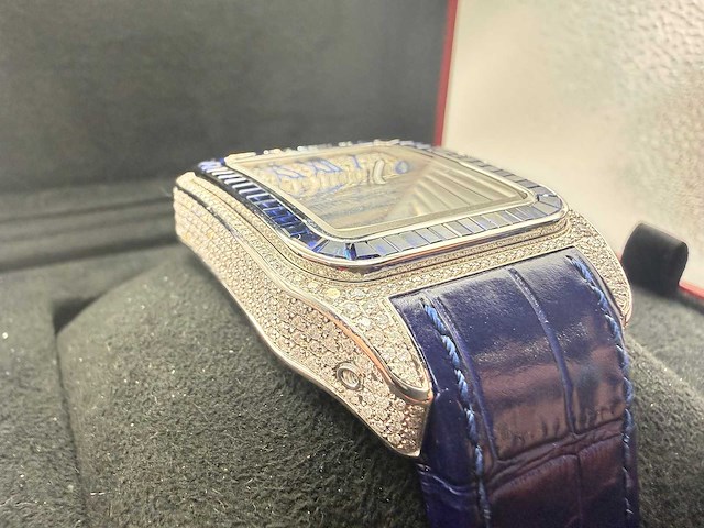 Cartier santos 100 xl | iced out with natural diamonds | unworn | blue - afbeelding 12 van  12