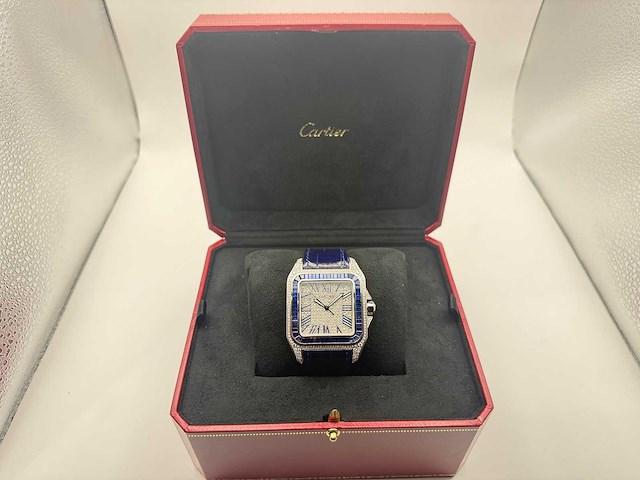 Cartier santos 100 xl | iced out with natural diamonds | unworn | blue - afbeelding 5 van  13