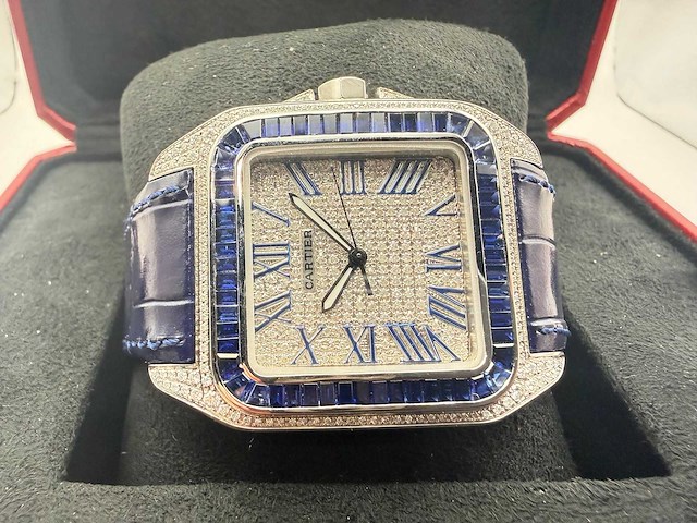 Cartier santos 100 xl | iced out with natural diamonds | unworn | blue - afbeelding 9 van  13