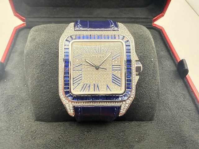 Cartier santos 100 xl | iced out with natural diamonds | unworn | blue - afbeelding 1 van  13