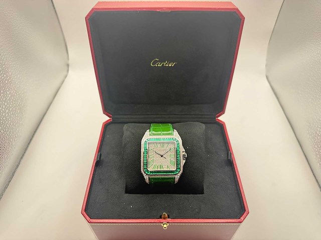 Cartier santos 100 xl | iced out with natural diamonds | unworn | green - afbeelding 1 van  3