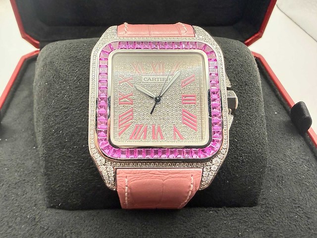 Cartier santos 100 xl | iced out with natural diamonds | unworn | pink - afbeelding 1 van  6