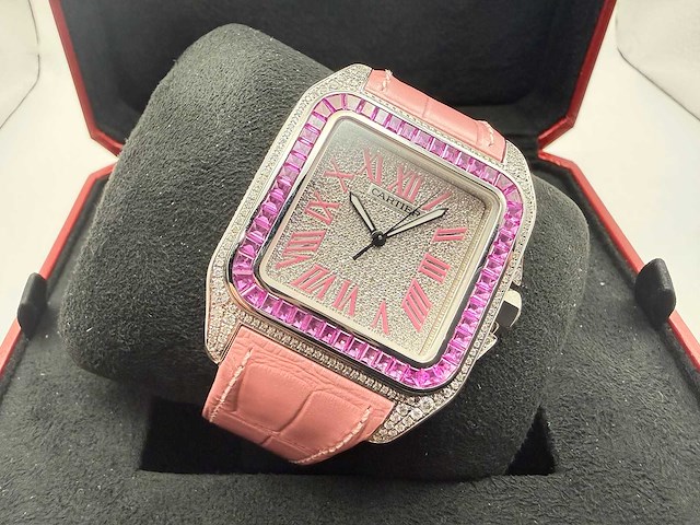 Cartier santos 100 xl | iced out with natural diamonds | unworn | pink - afbeelding 3 van  6