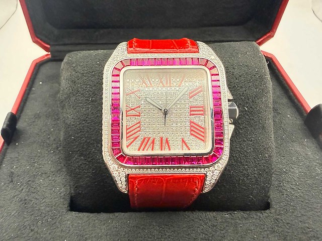 Cartier santos 100 xl | iced out with natural diamonds | unworn | red - afbeelding 1 van  11