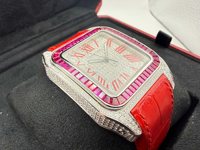Cartier santos 100 xl | iced out with natural diamonds | unworn | red - afbeelding 11 van  11