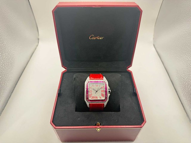 Cartier santos 100 xl | iced out with natural diamonds | unworn | red - afbeelding 5 van  13