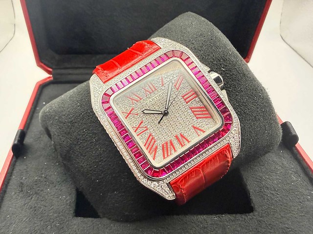 Cartier santos 100 xl | iced out with natural diamonds | unworn | red - afbeelding 6 van  13