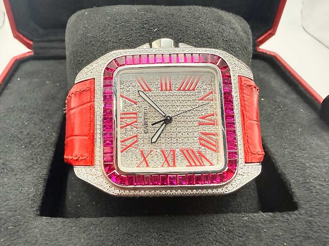 Cartier santos 100 xl | iced out with natural diamonds | unworn | red - afbeelding 8 van  13