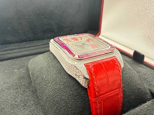 Cartier santos 100 xl | iced out with natural diamonds | unworn | red - afbeelding 12 van  13