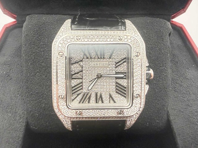 Cartier santos 100 xl | iced out with natural diamonds | unworn - afbeelding 1 van  9