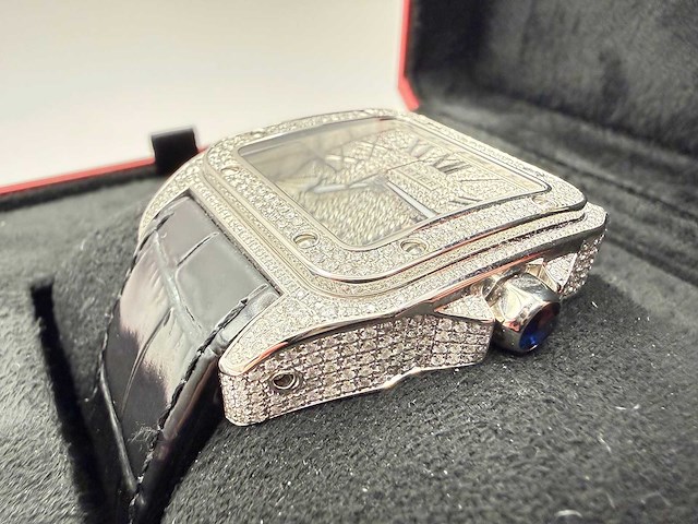 Cartier santos 100 xl | iced out with natural diamonds | unworn - afbeelding 9 van  12