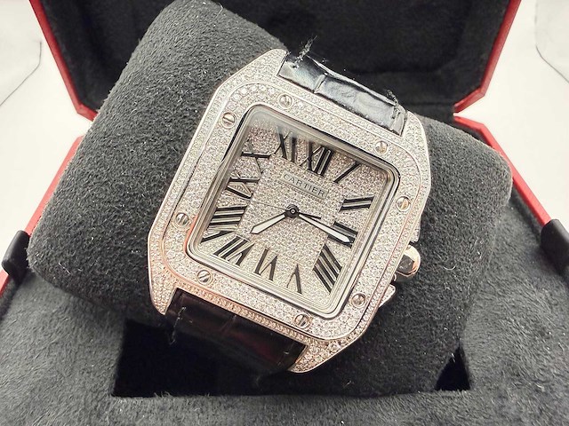 Cartier santos 100 xl | iced out with natural diamonds | unworn - afbeelding 5 van  9