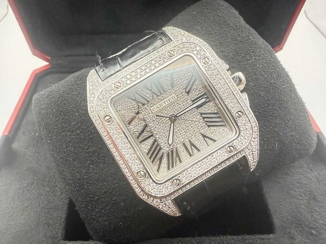 Cartier santos 100 xl | iced out with natural diamonds | unworn - afbeelding 6 van  11