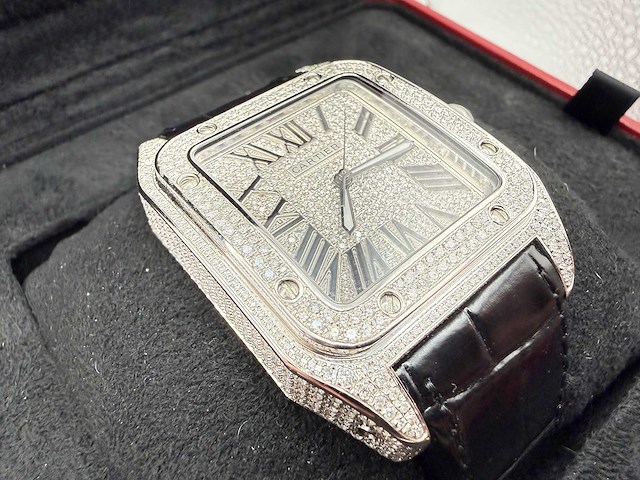 Cartier santos 100 xl | iced out with natural diamonds | unworn - afbeelding 10 van  11