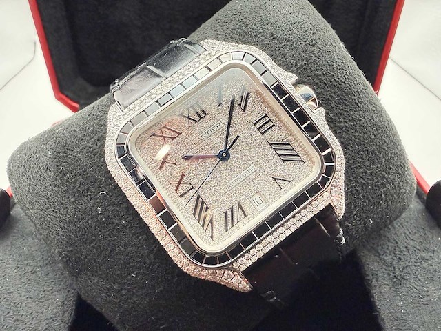 Cartier santos "large" | iced out naturel diamonds | black - afbeelding 1 van  12