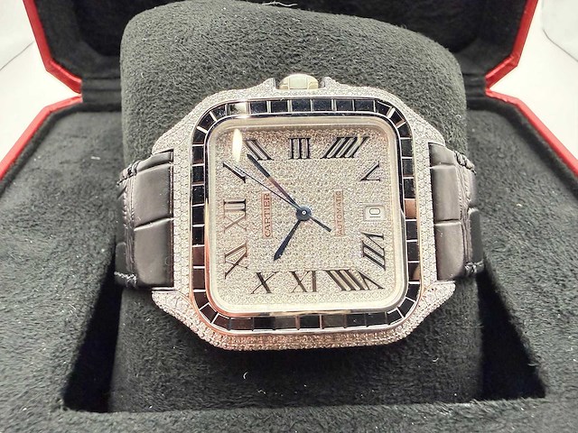Cartier santos "large" | iced out naturel diamonds | black - afbeelding 7 van  13