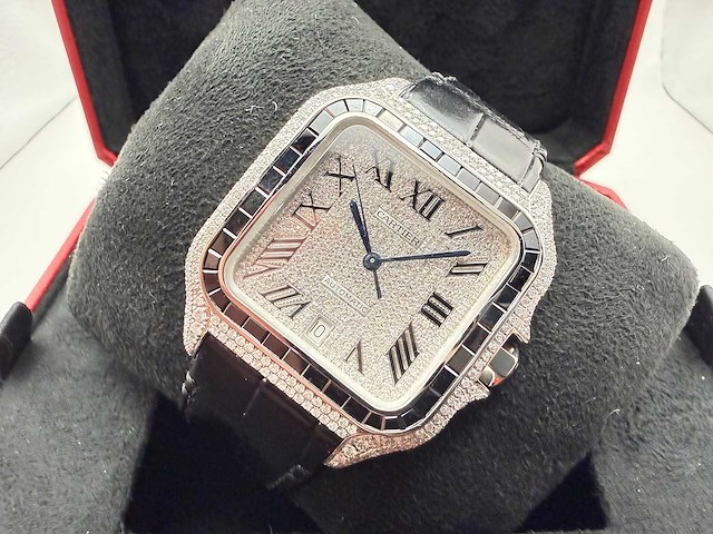 Cartier santos "large" | iced out naturel diamonds | black - afbeelding 6 van  12