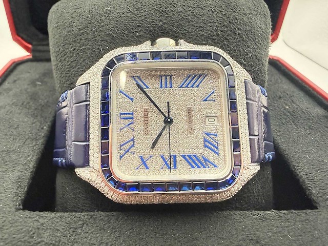 Cartier santos "large" | iced out naturel diamonds | blue - afbeelding 8 van  13