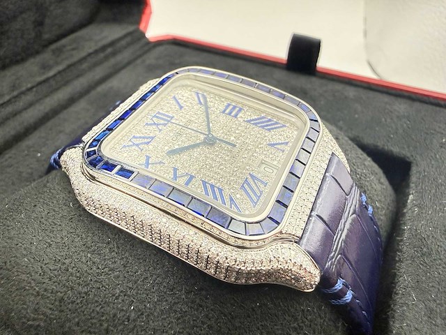 Cartier santos "large" | iced out naturel diamonds | blue - afbeelding 12 van  13